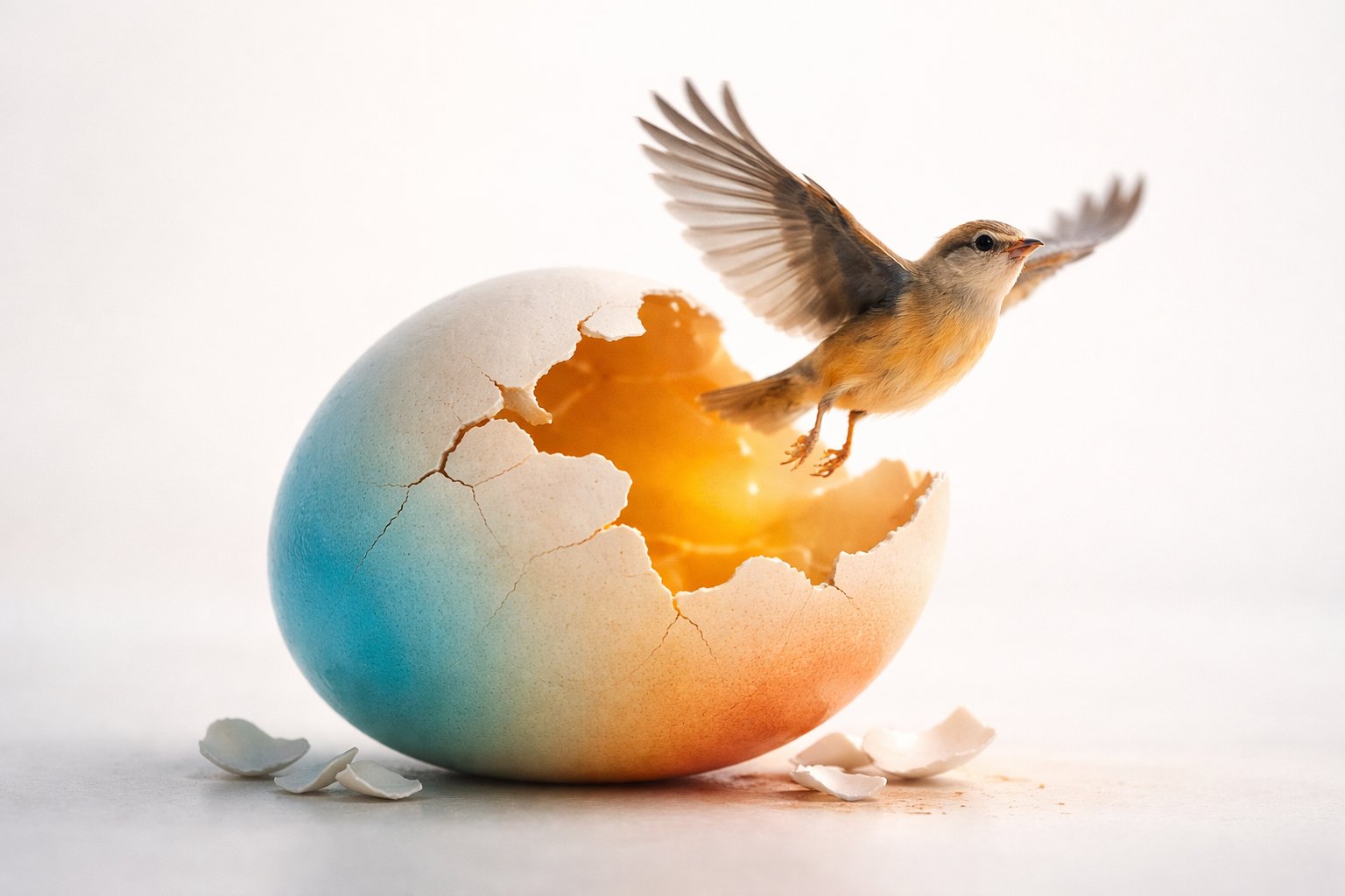 A bird breaking free from its shell — the moment of emergence